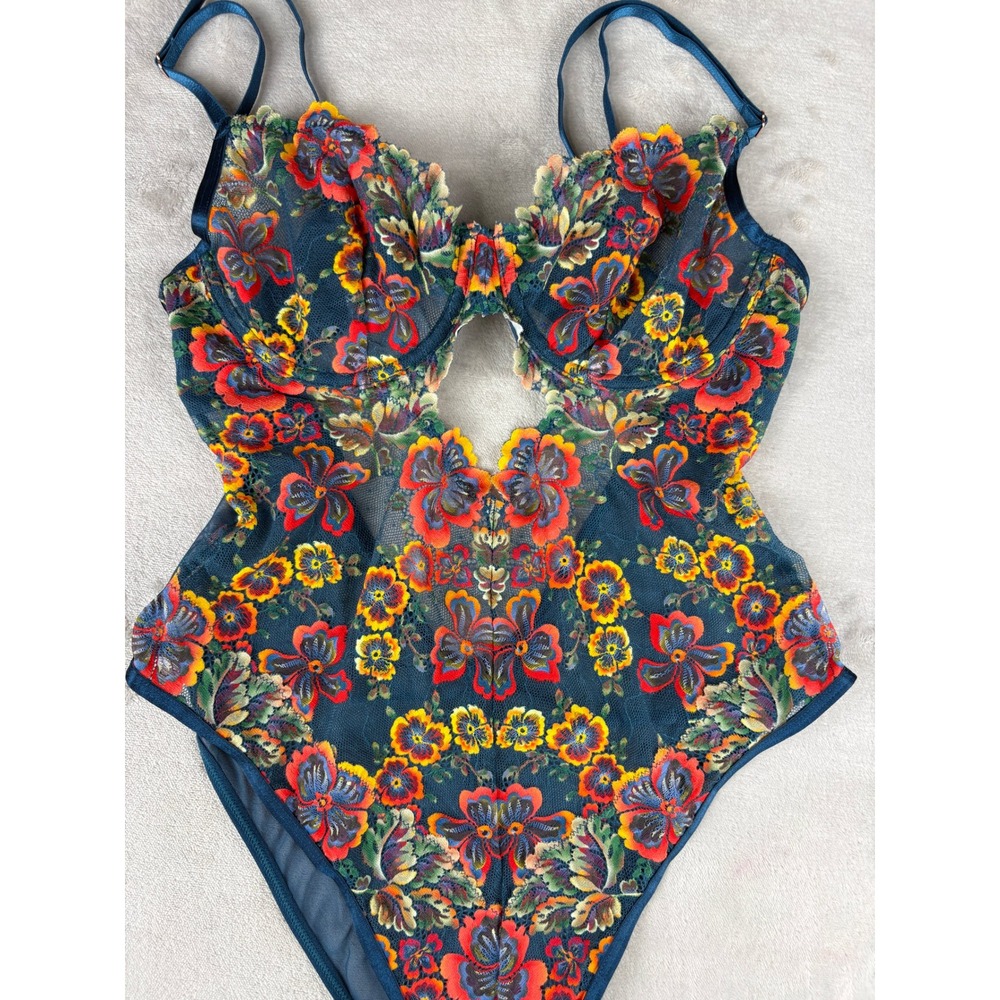 Savage X Fenty Floral Embroidered Mesh Bodysuit Teal Blue Underwire Cutout